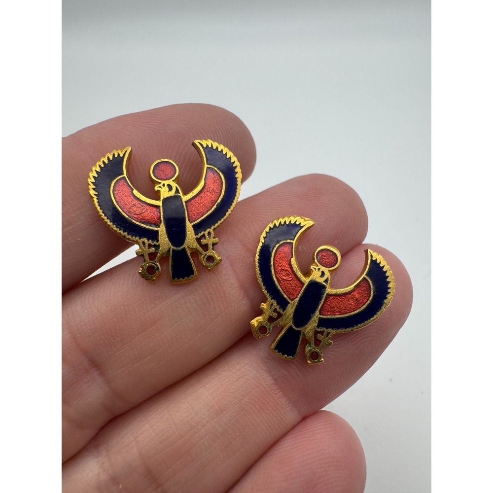 Vintage Egyptian Earrings Studs MMA 1976 Falcon Horus Enamel Winged Gold Tone